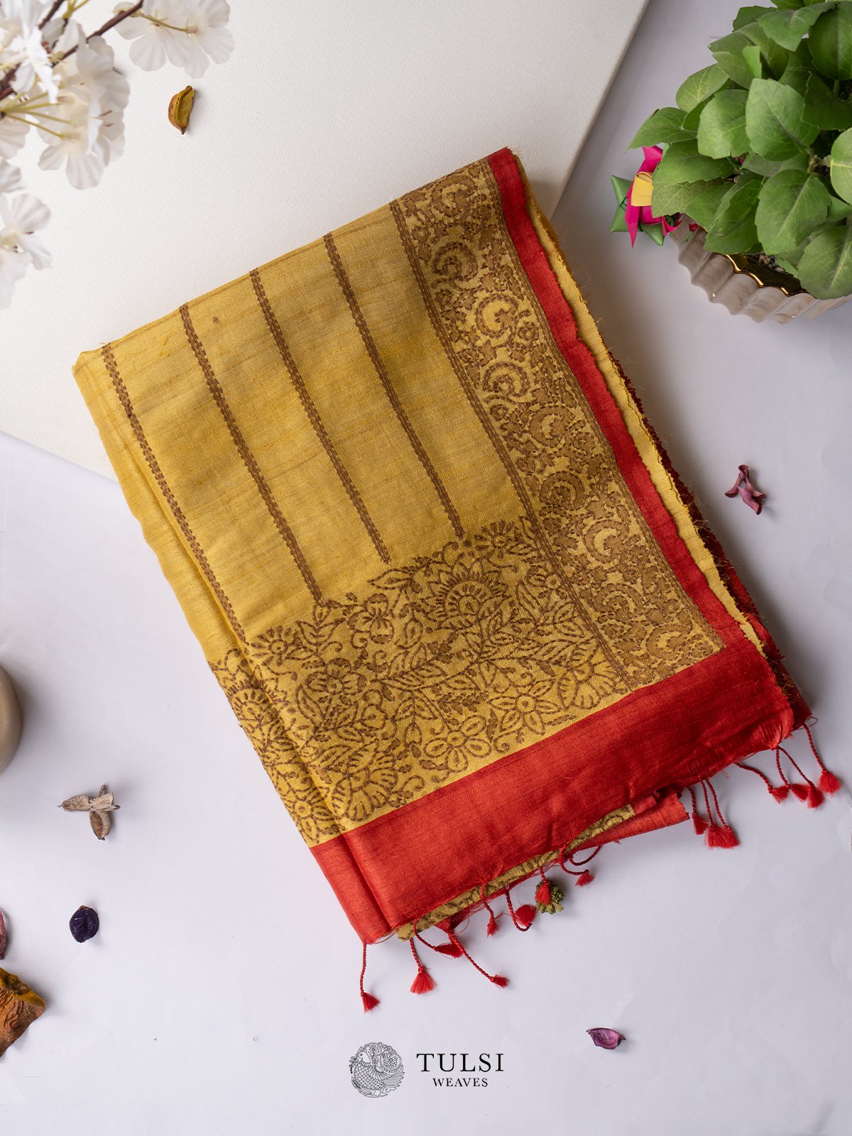 Women's Tussar Silk Mustard Printed Designer Saree With Blouse Piece