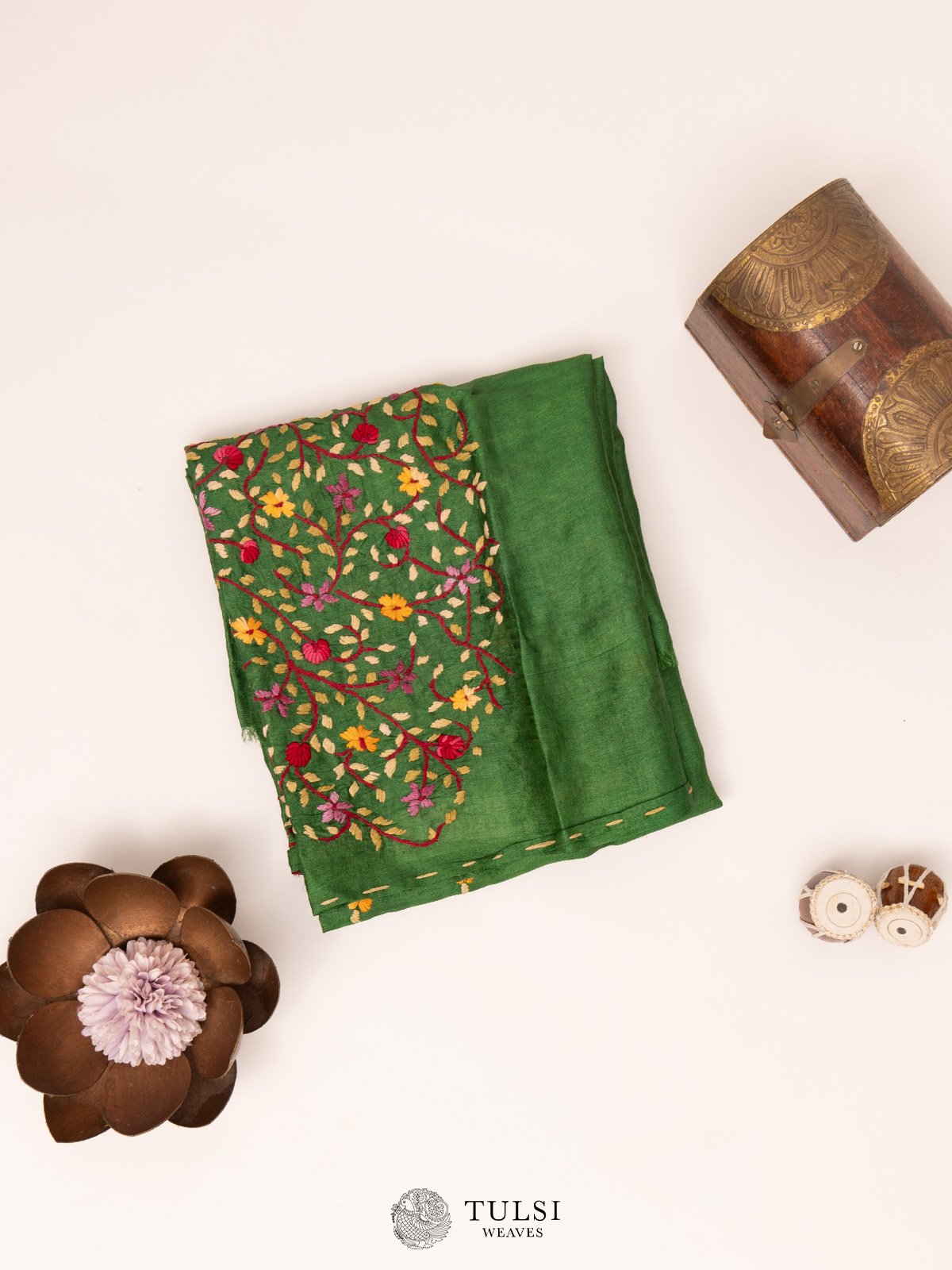 Forest  Green Raw Silk Hand Embroidered blouse with elbow sleeves for wedding main image 1