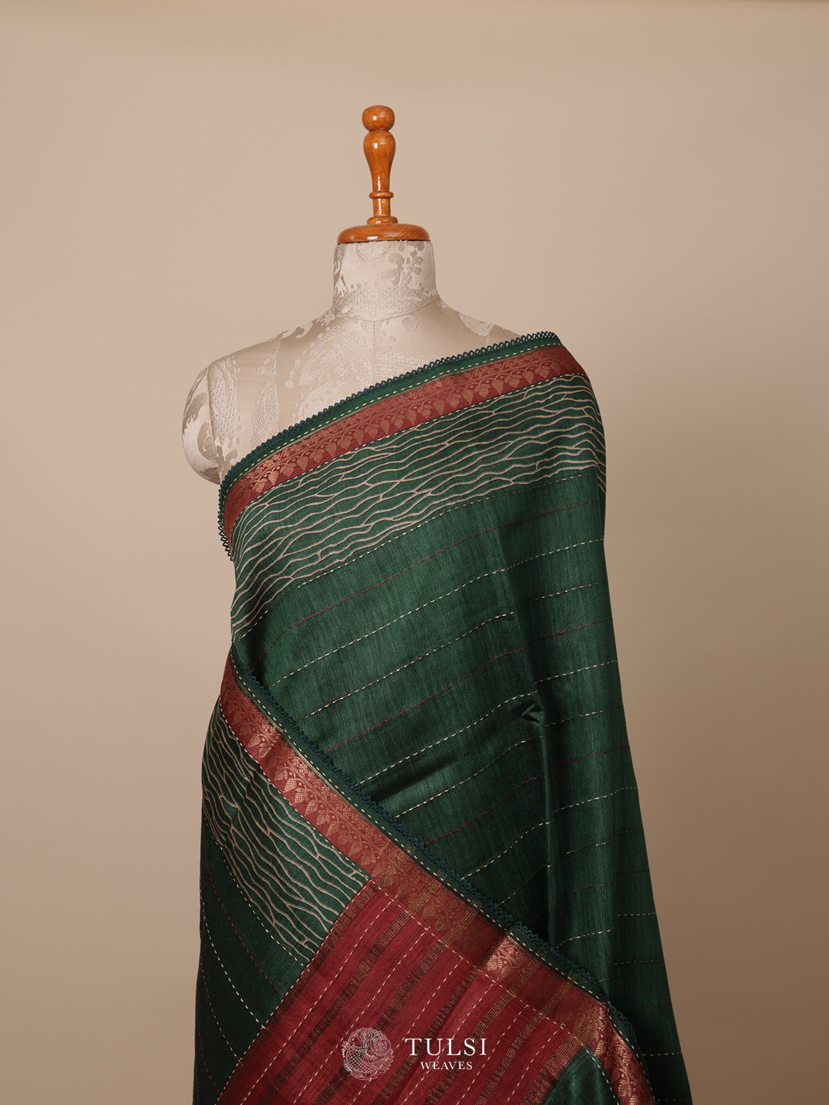 Bottle Green Tussar Silk Floral Printed and Zari Woven Saree main image 1