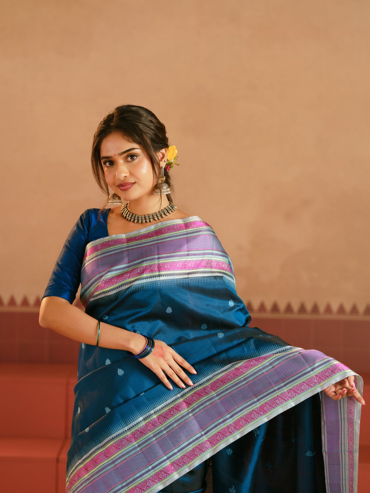 Crafted 16 - German Blue Kanjeevaram Silk Saree With Light Greyish Blue Pattu Pettu Border