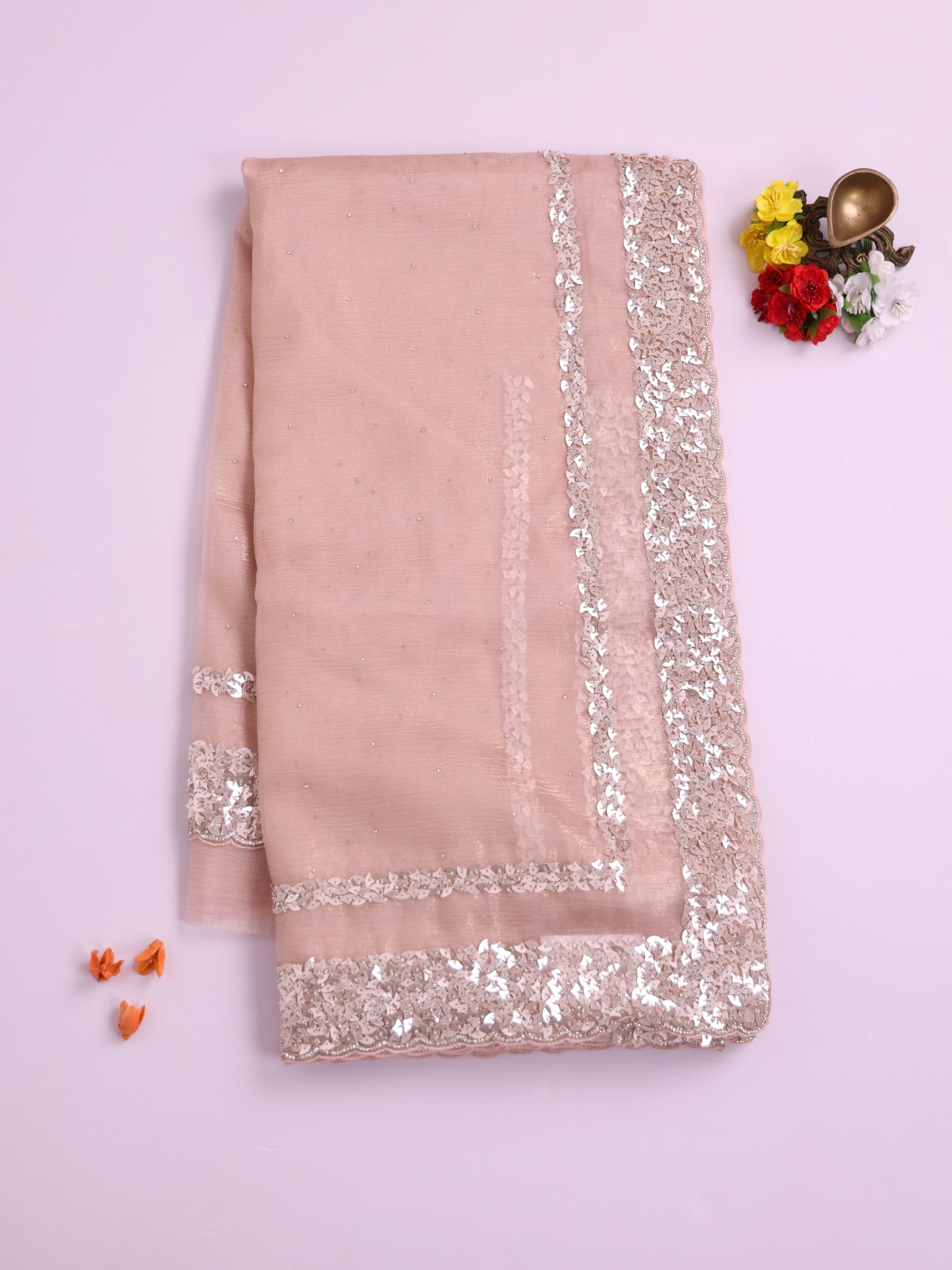 Light Pink Crushed Georgette Silk Saree With Sequins Border