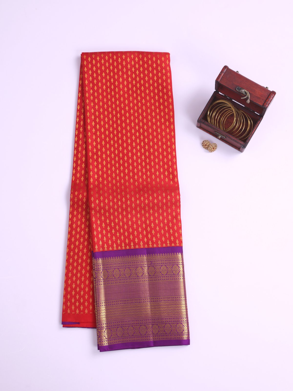 Bright Red Kanjeevaram Silk Pavadai With Dark Violet Border