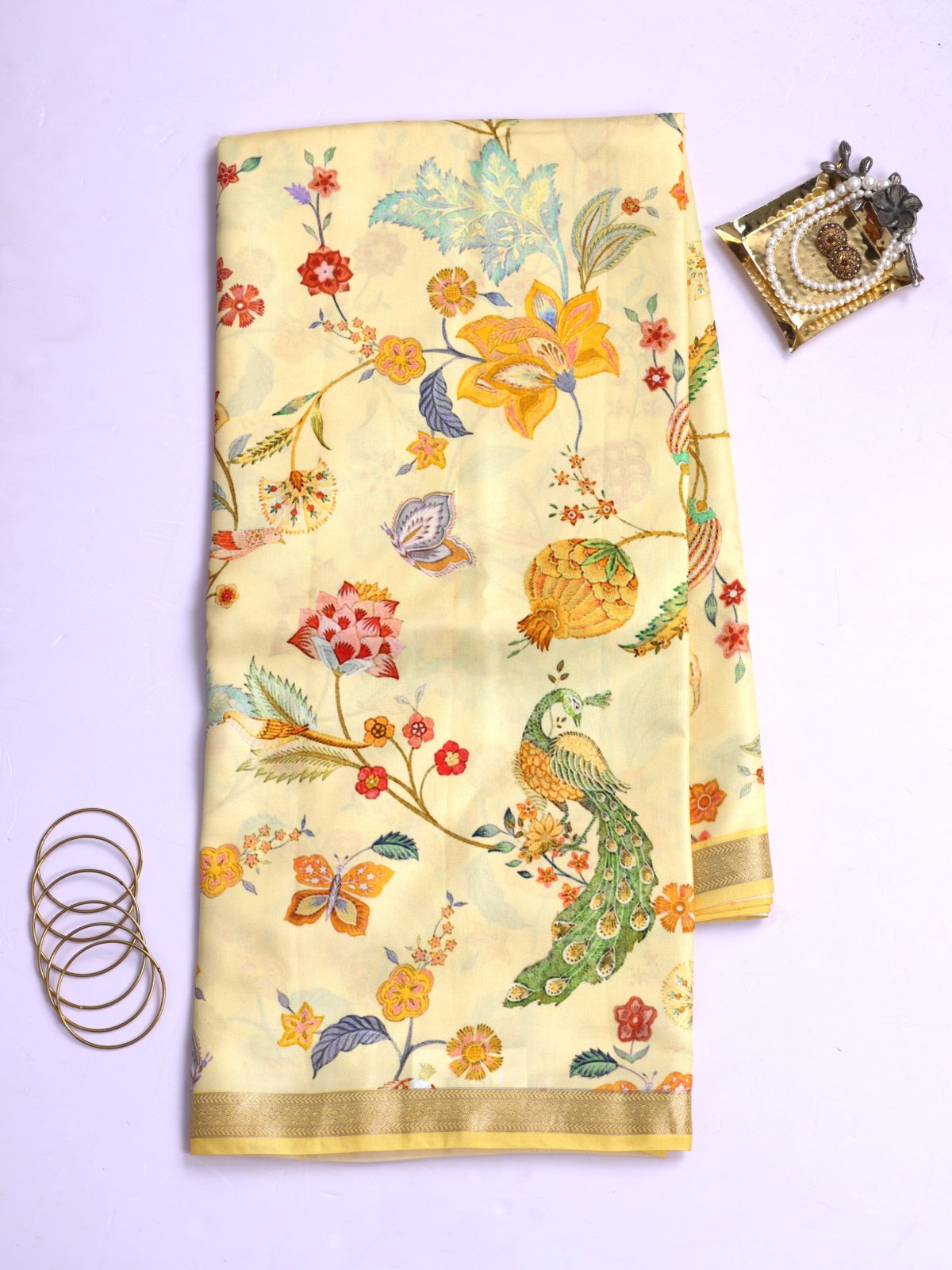 Light Yellow Printed Banaras Silk Saree With Zari Border