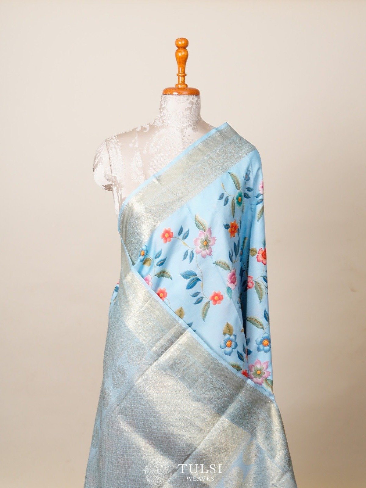 Light Blue Printed Kanjeevaram Silk Saree with Rettapett Border