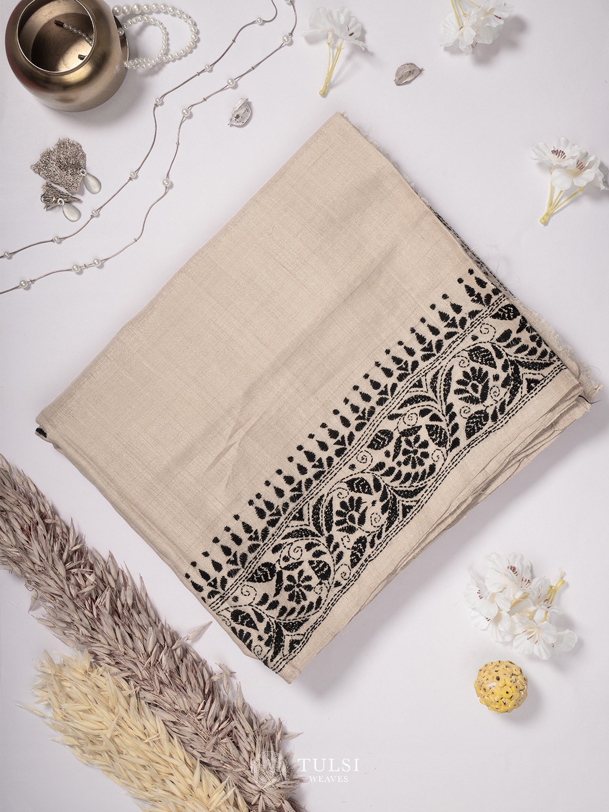 Beige tussar silk saree Kantha Hand Embroidery 