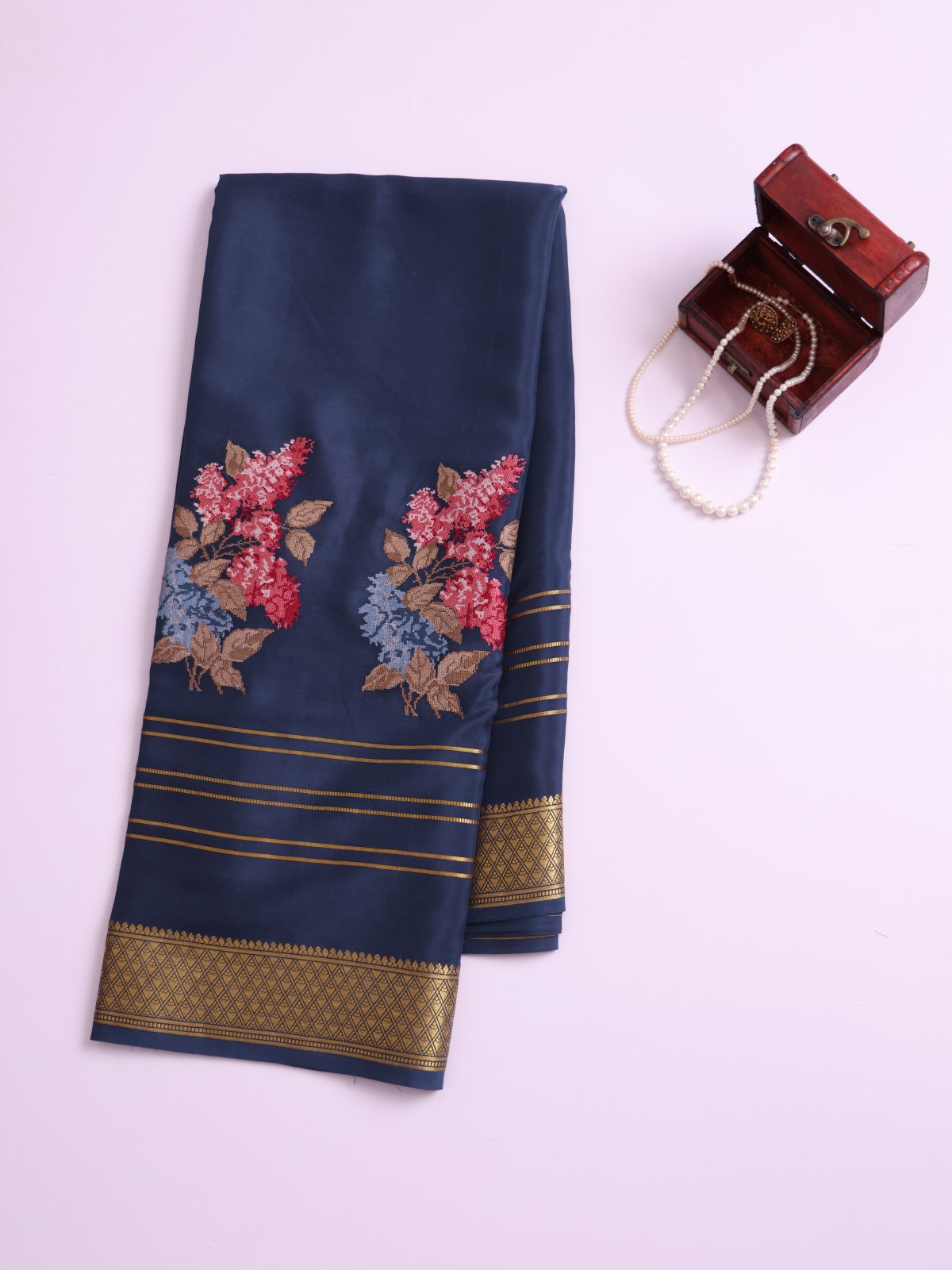 Navy Blue Embroidered Mysore Crepe Silk Saree