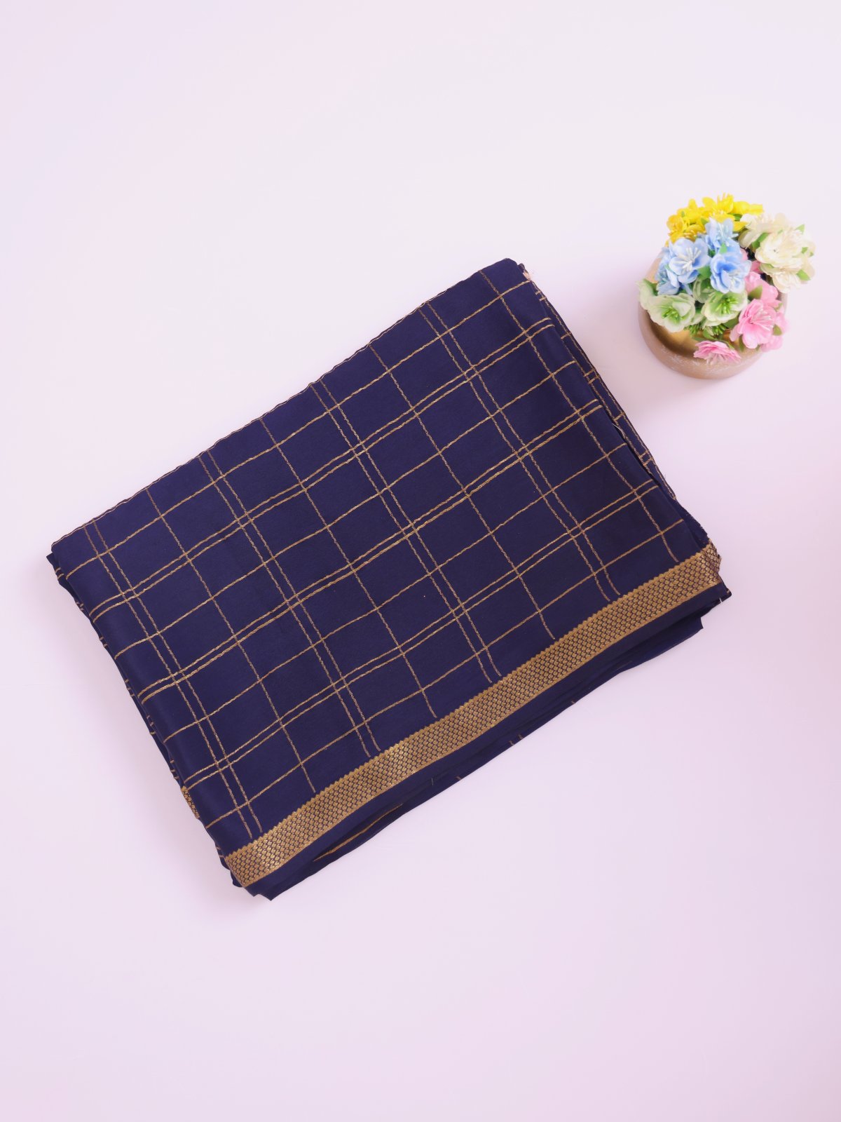 Navy Blue Checked Mysore Crepe Silk Saree