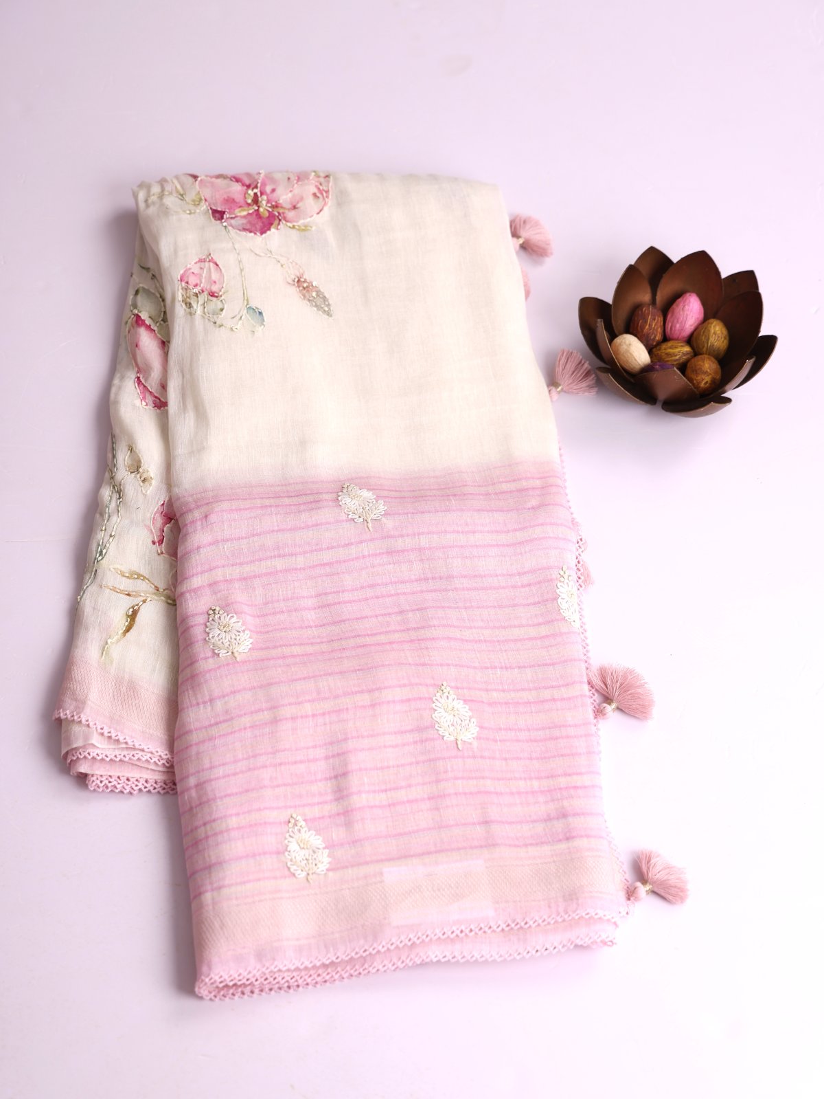 Off-White Printed & Embroidered Linen Saree With Pastel Pink Border