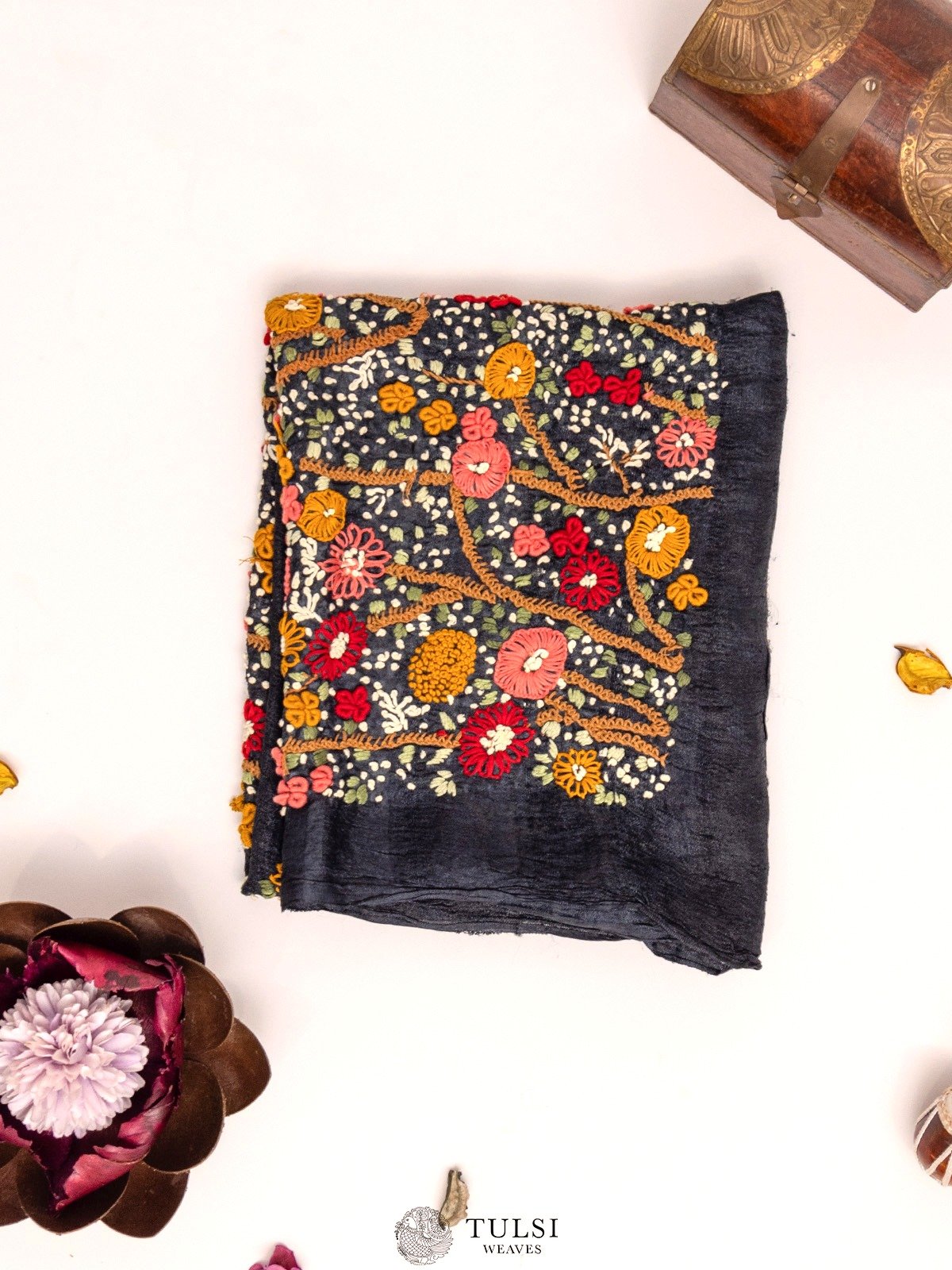 Black Tussar Blouse With Floral Embroidery