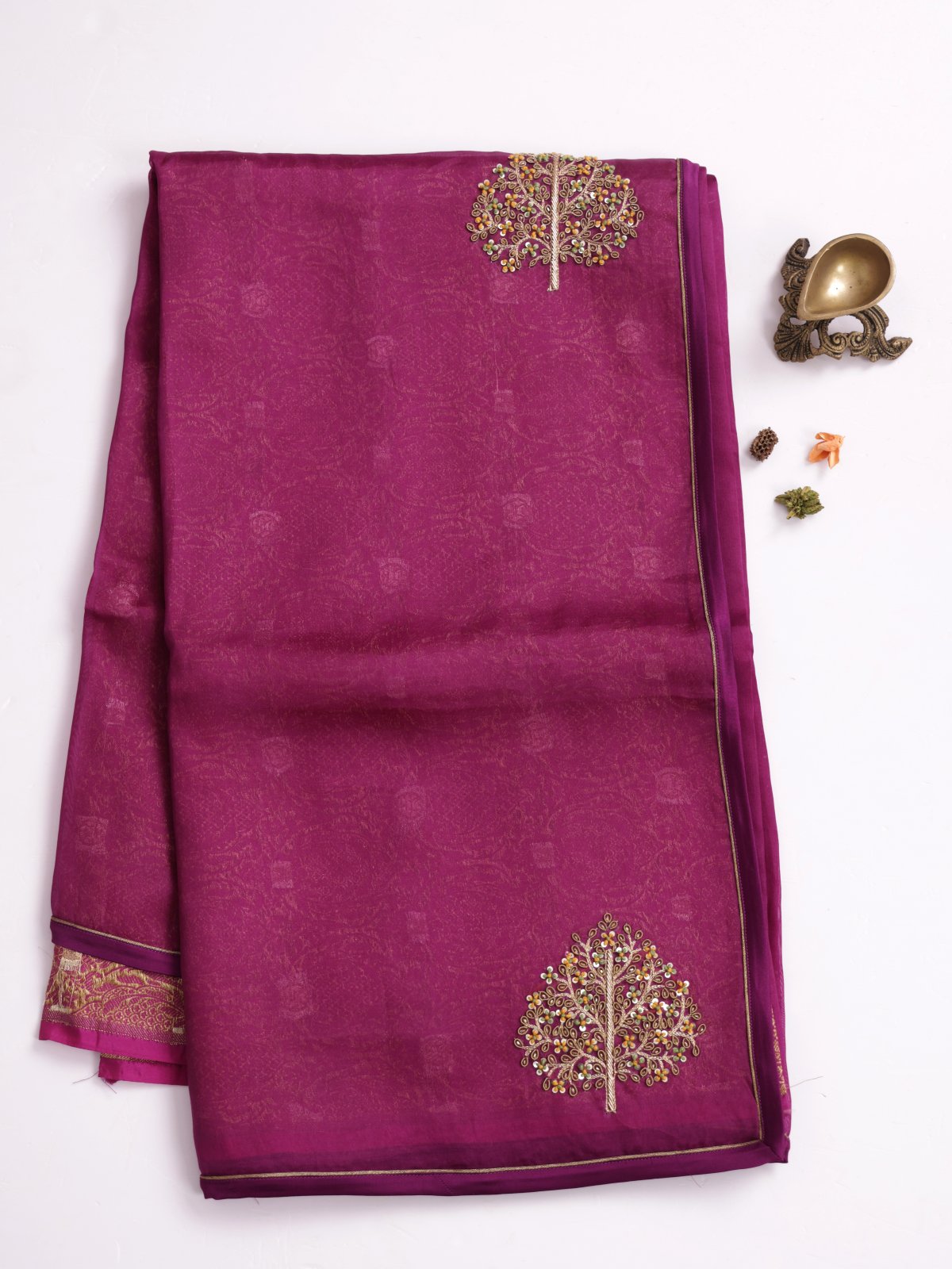 Purple Embroidered Organza Silk Saree