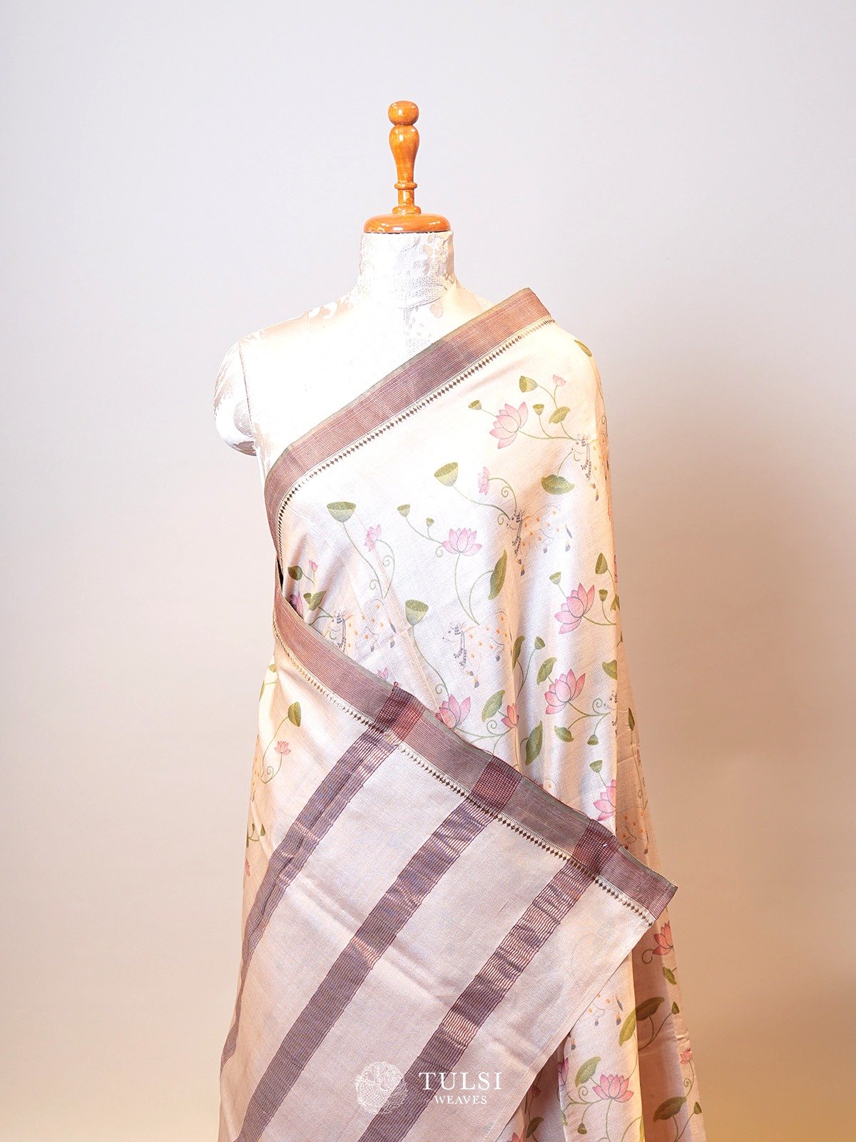 Beige Printed Tussar Silk Saree