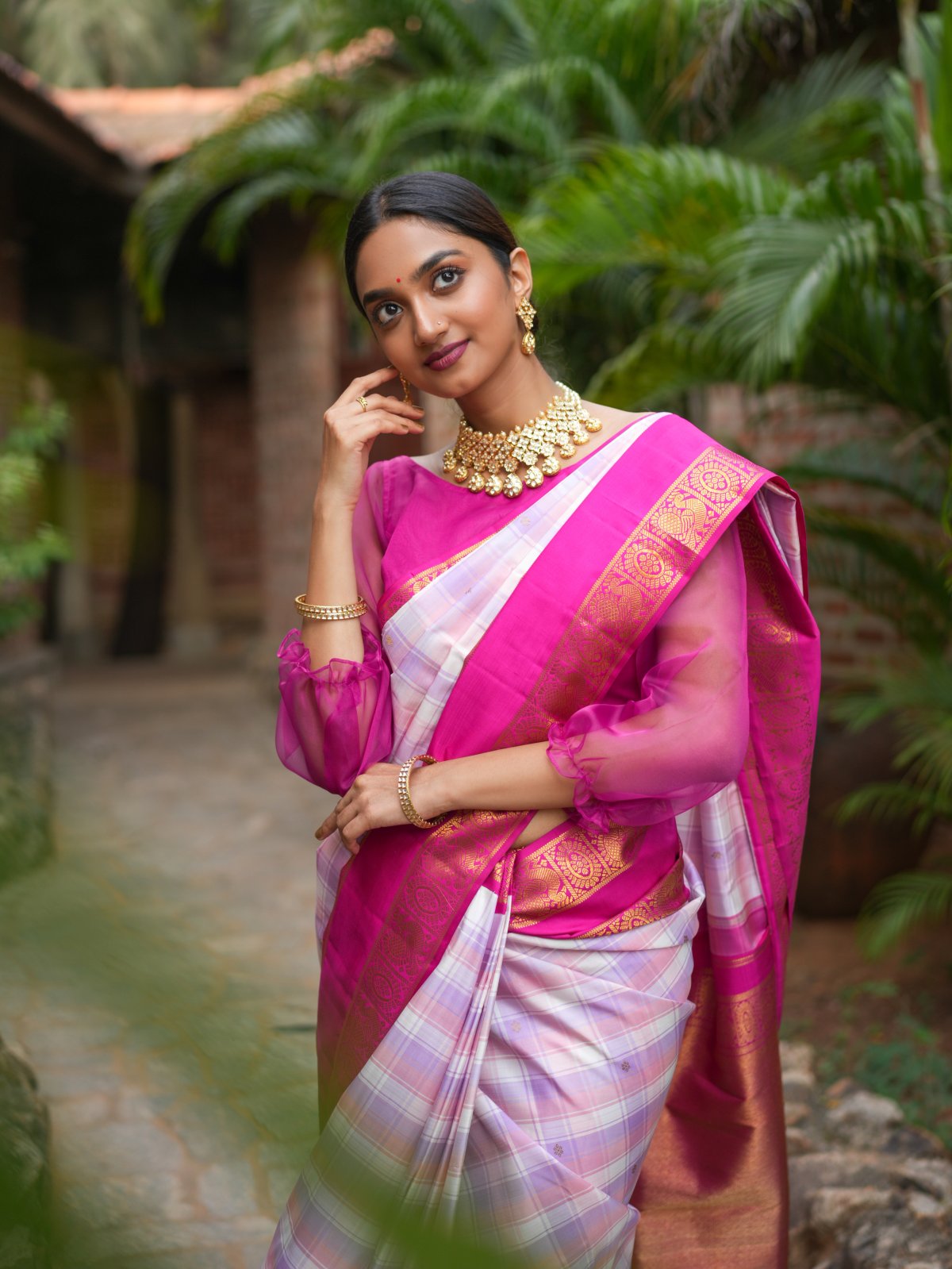 Checked Kanjeevaram Silk Saree With Dark Pink Border