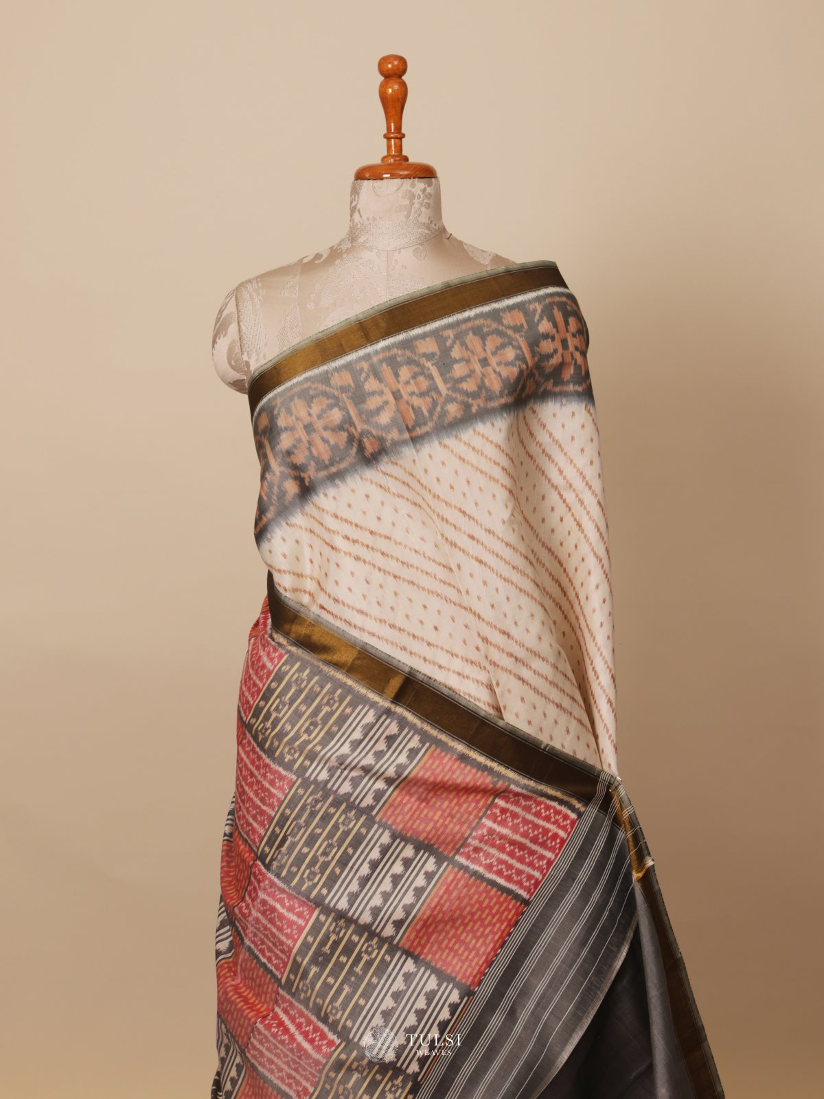 Off White Ikat Silk Saree With Golden Brown Border 