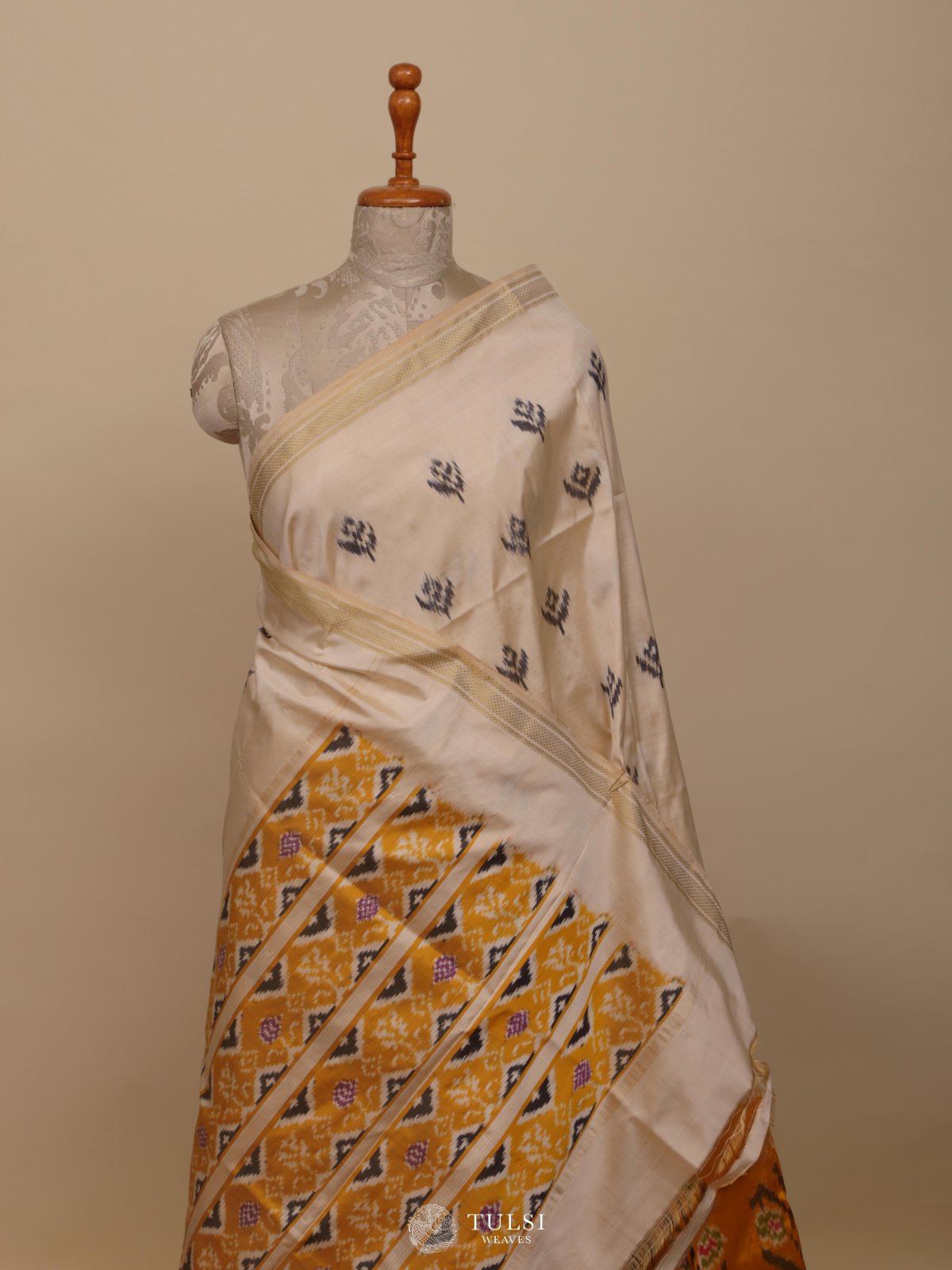 Cream Ikat Silk Saree