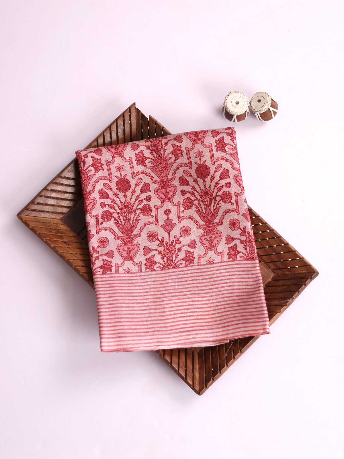 Pastel Pink Printed Tussar Silk Saree With Striped Border