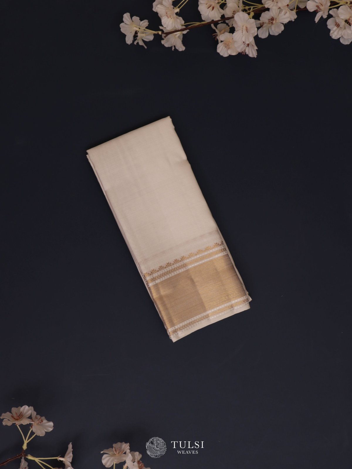 White Silk Dhoti With Zari Border
