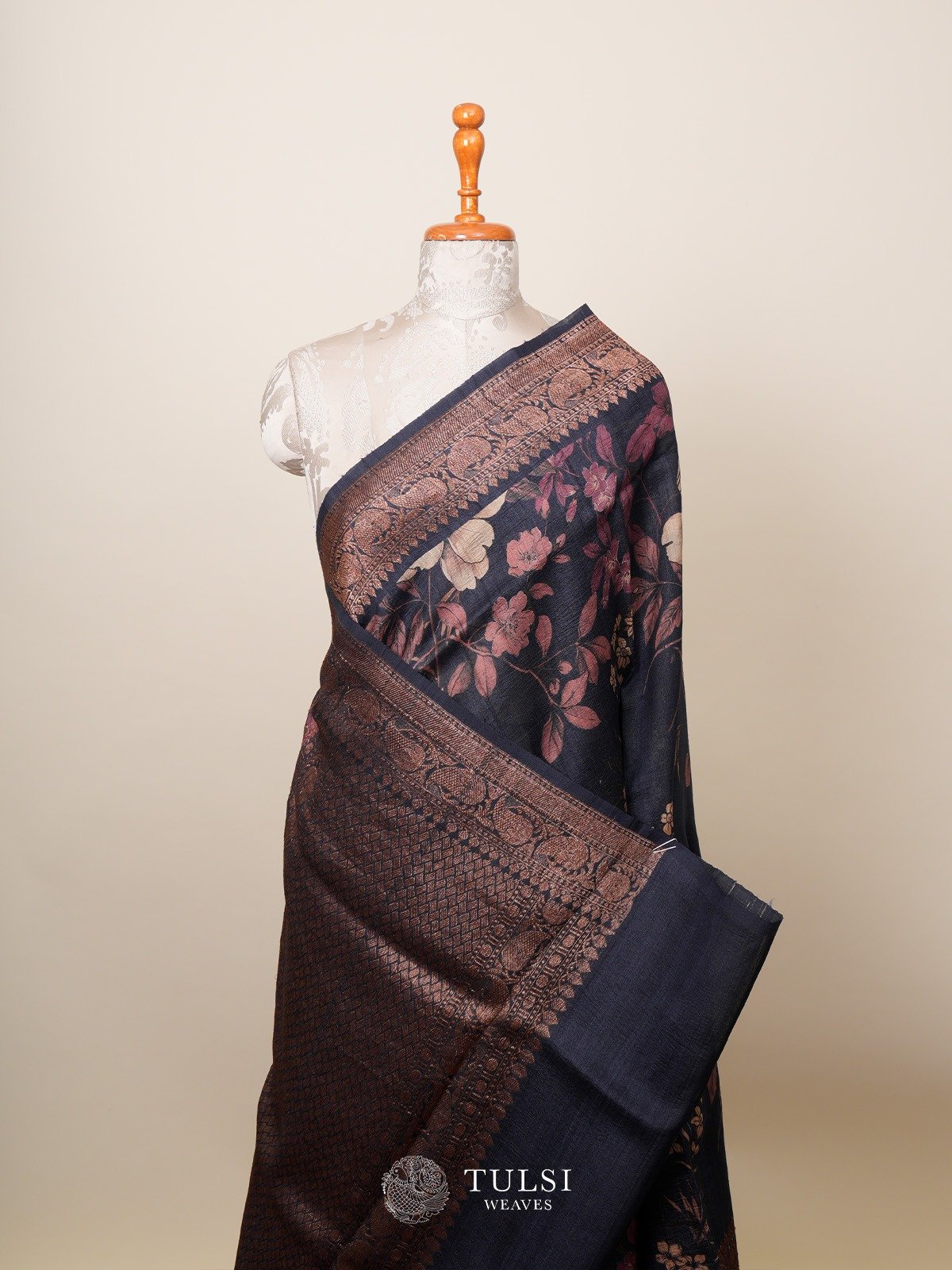 Navy Blue Banarasi Tussar Silk Saree