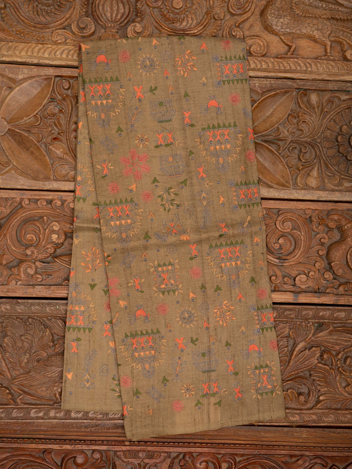 Khaki Tussar Silk Embroidered Blouse