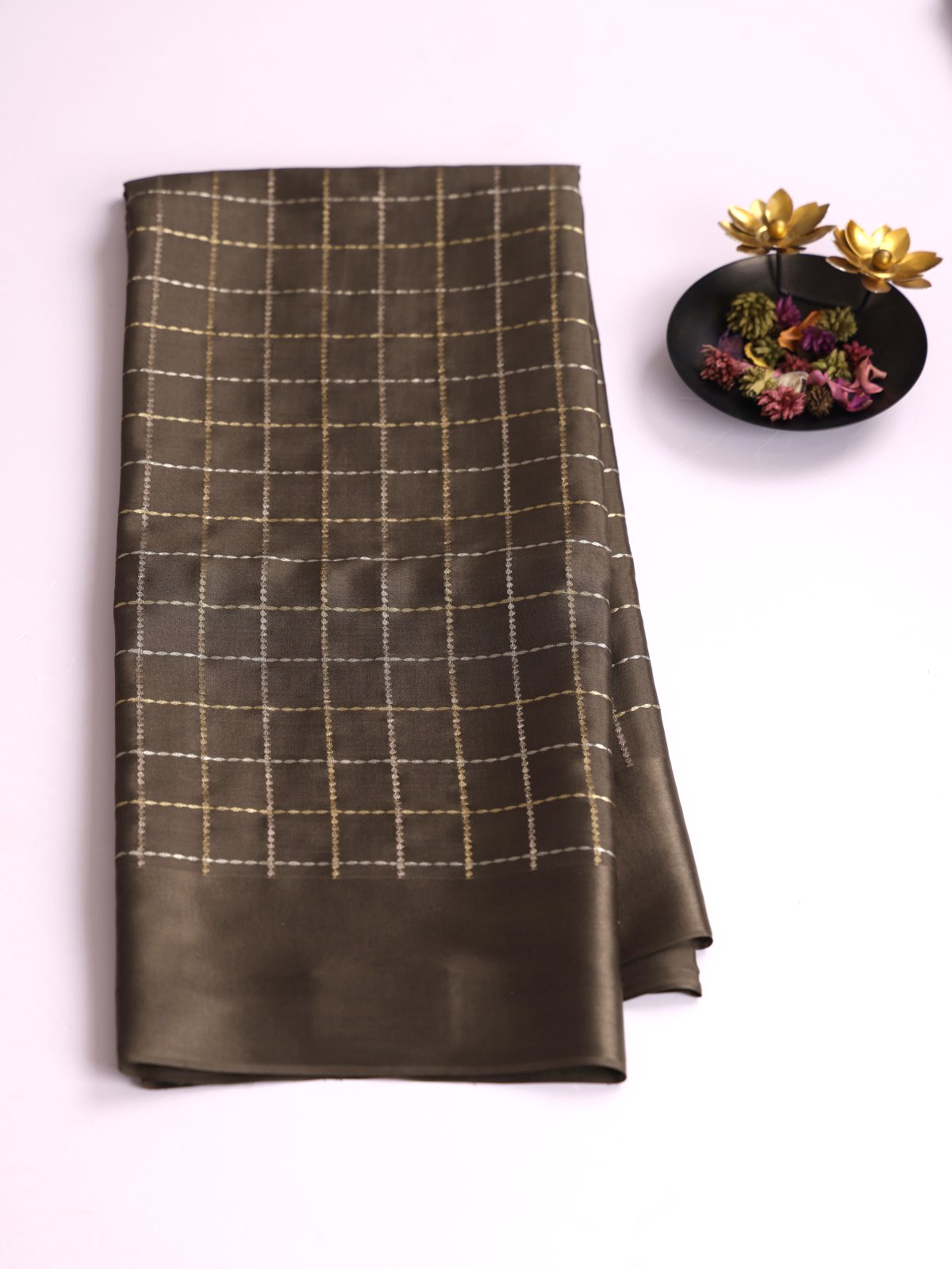 Greyish Brown Zari Checked Mysore Silk Saree With Satin Border
