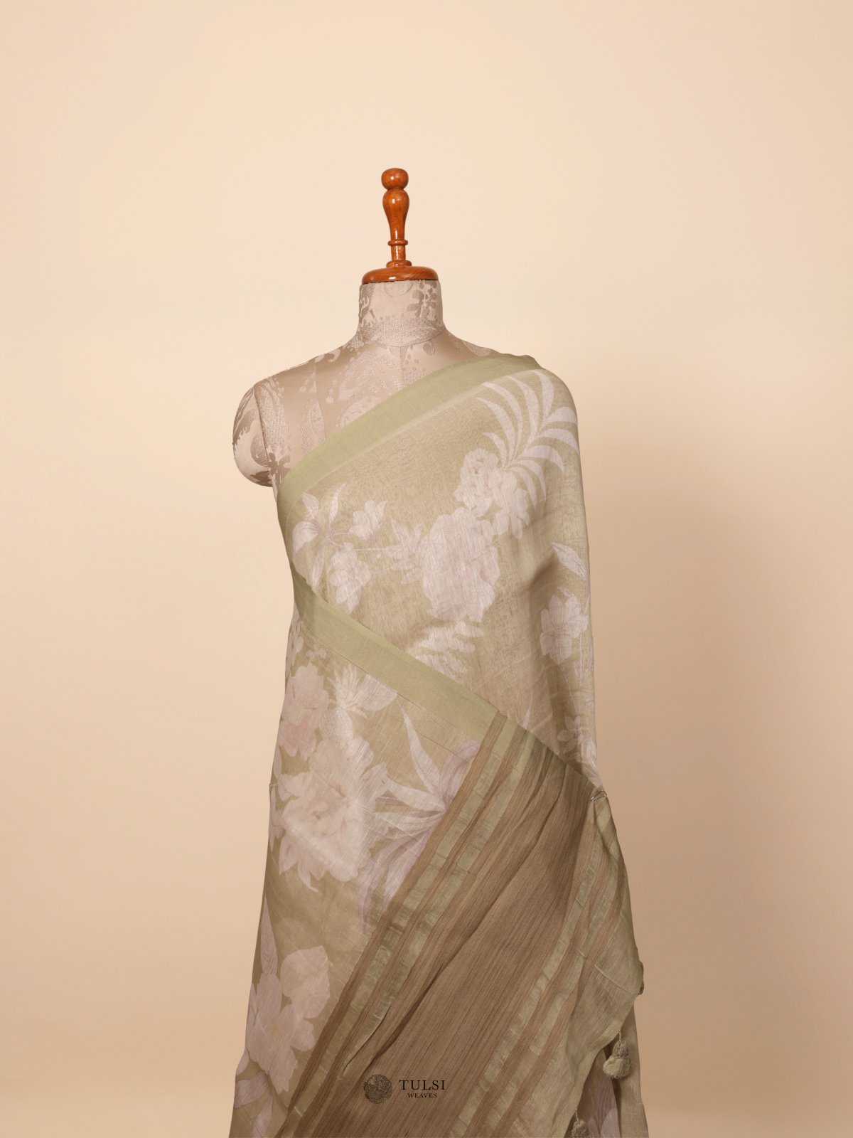 Light Green Printed Linen Saree