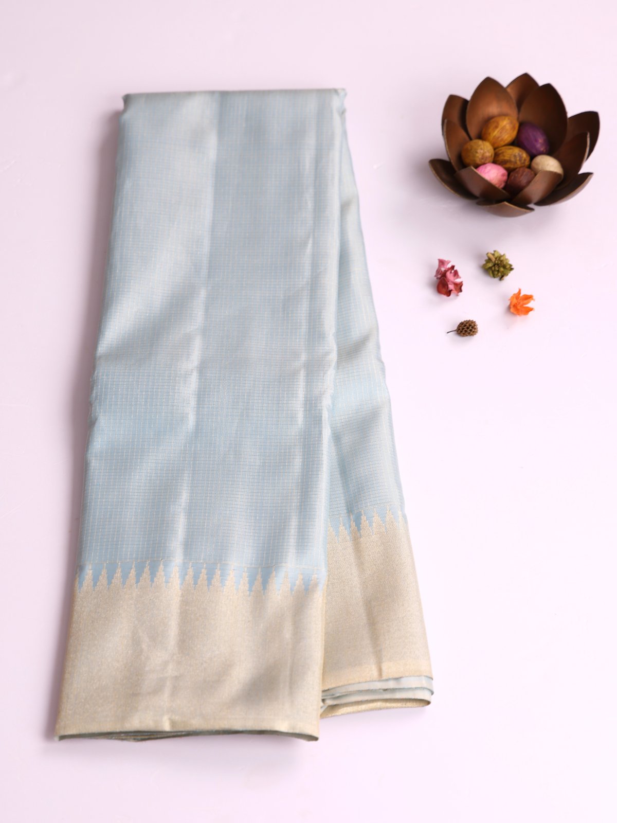 Light Blue Zari Checked Kanjeevaram Silk Saree with Zari Border