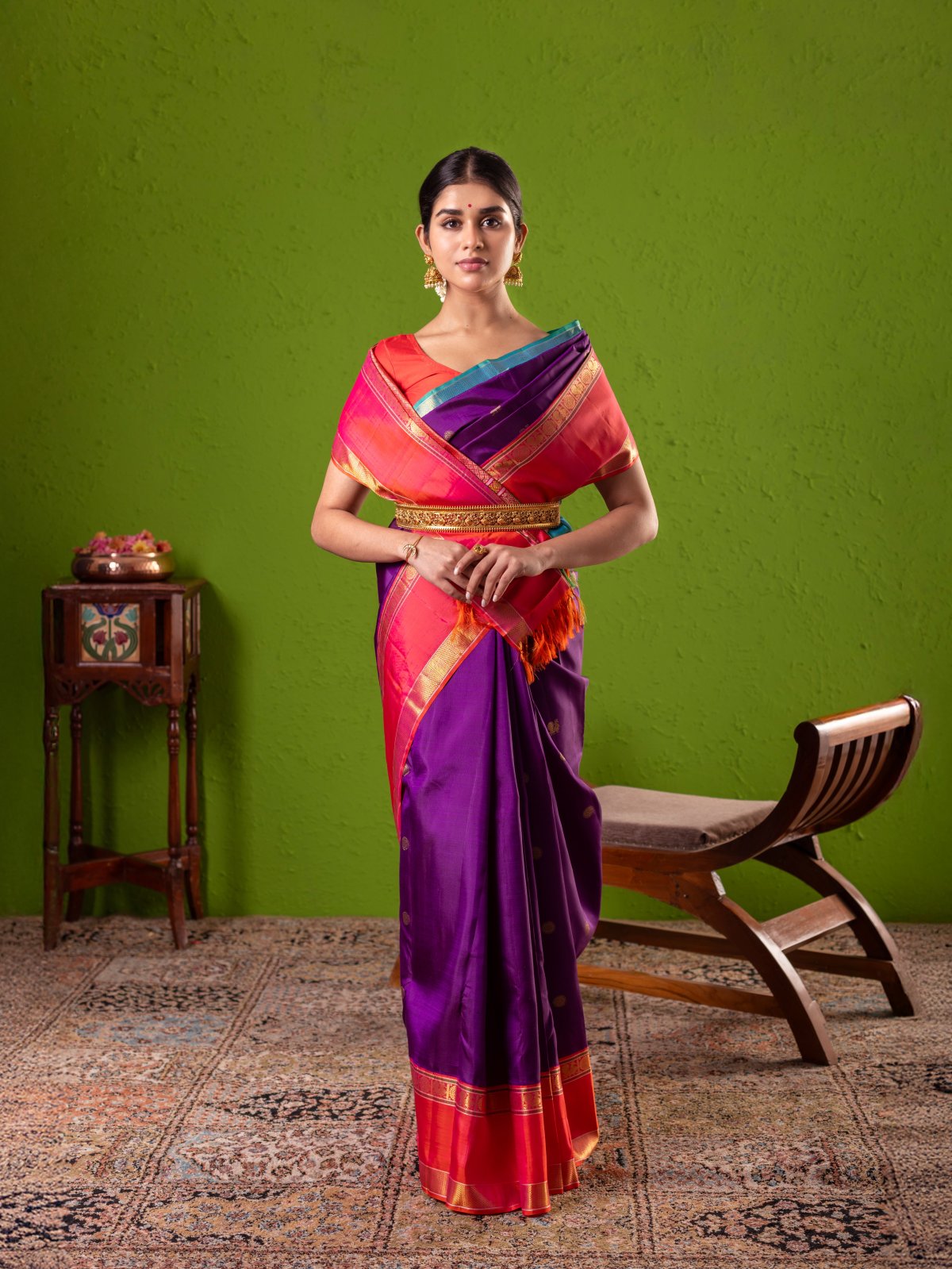  Purple Kanjeevaram Silk Saree With Ganga Jamuna Border