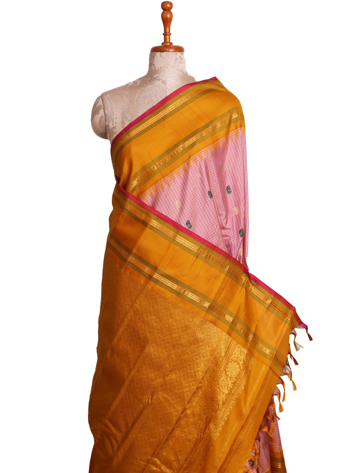 Multi Colour Checked Gadwal Silk Saree With Mustard Yellow Border