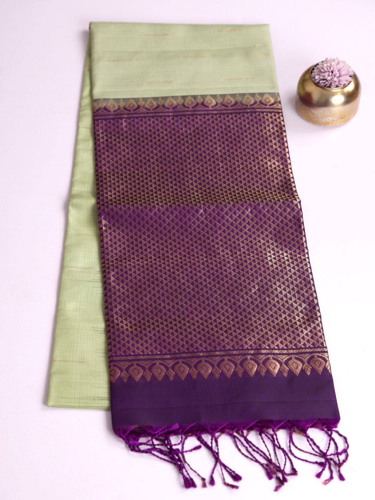 Light Sage Green Soft Silk Saree With Violet Zari Border