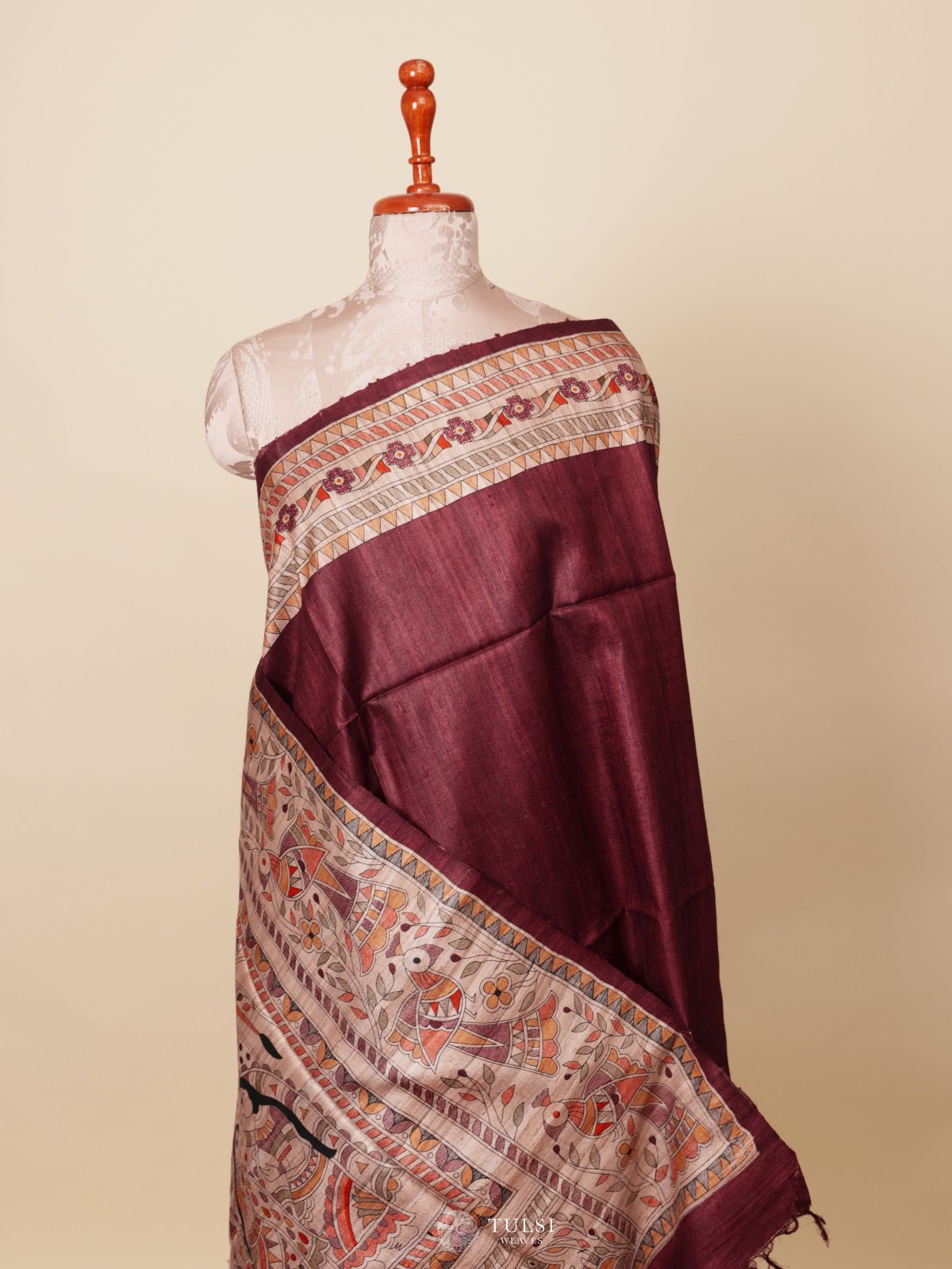 Dark Red Tussar Silk Saree With Madhubani Print