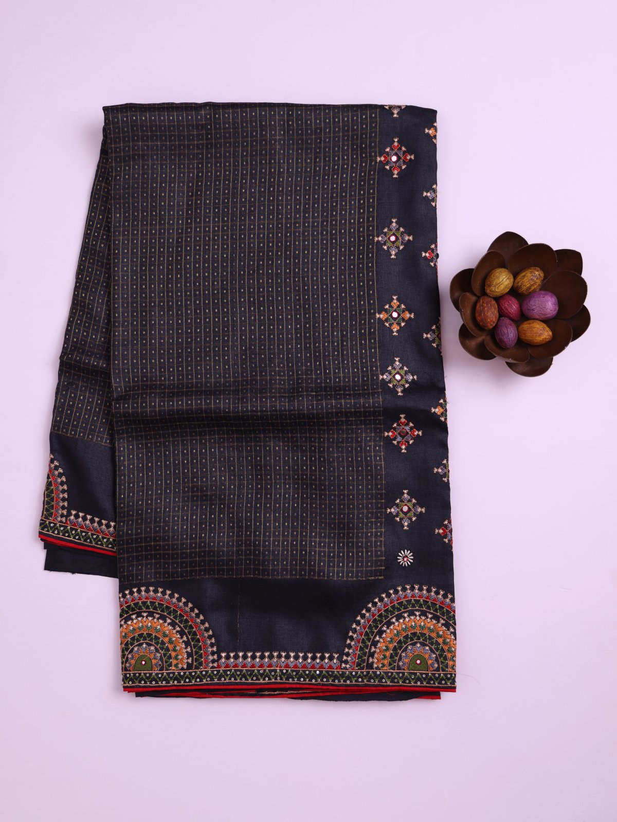 Black Zari Checked Tussar Silk Saree with Kutch Embroidery