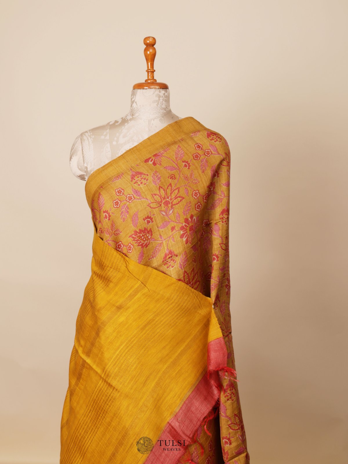Mustard Yellow Printed Tussar Silk Saree