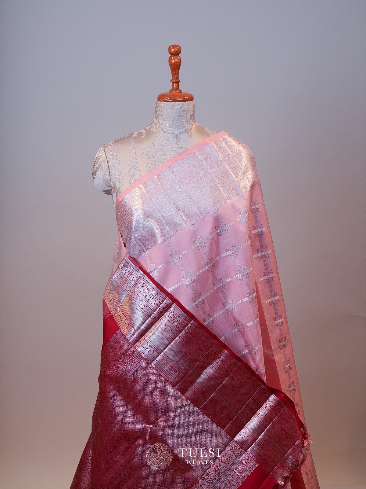 Baby Pink Checked Kanjeevaram Silk Saree