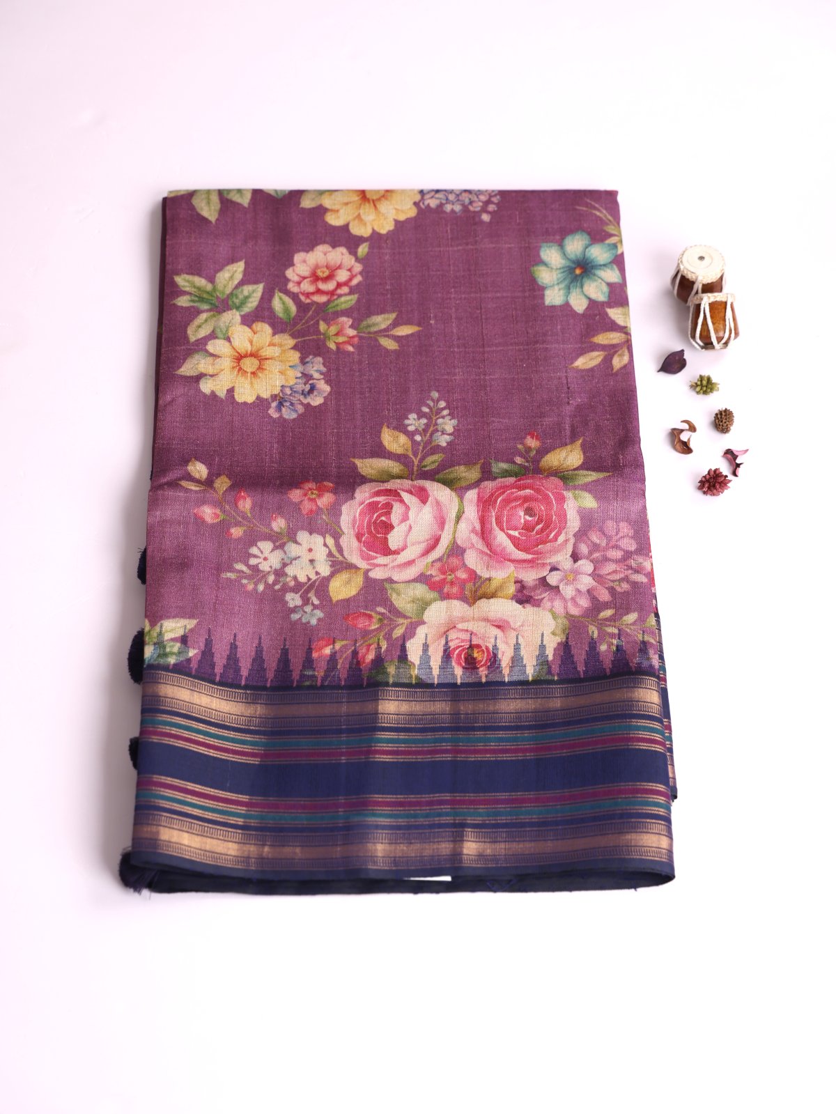Light Purple Printed Tussar Silk Saree With Navy Blue Border
