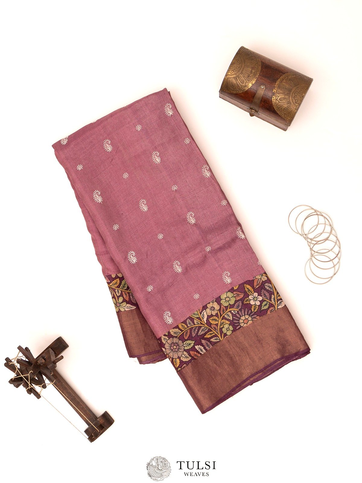 Soft Pink Tussar Silk Saree With Kalamkari Border