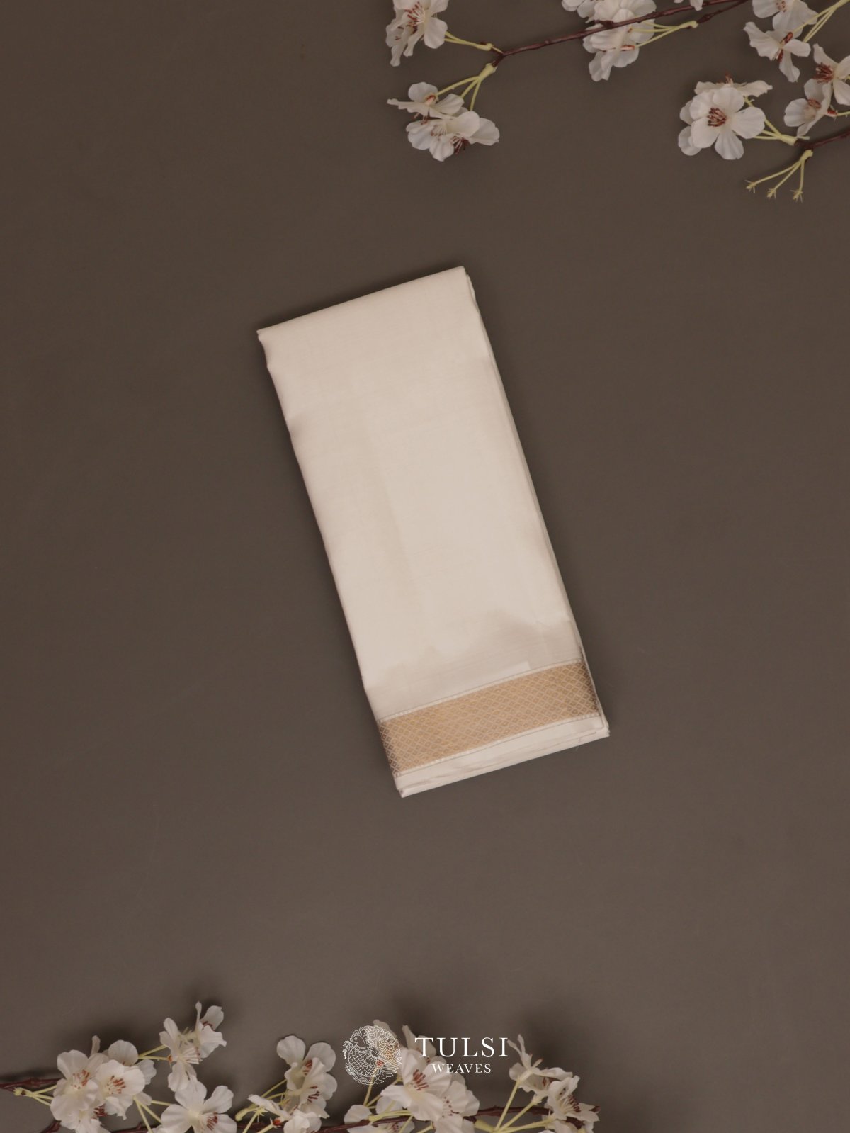 White Silk Dhoti With Zari Border