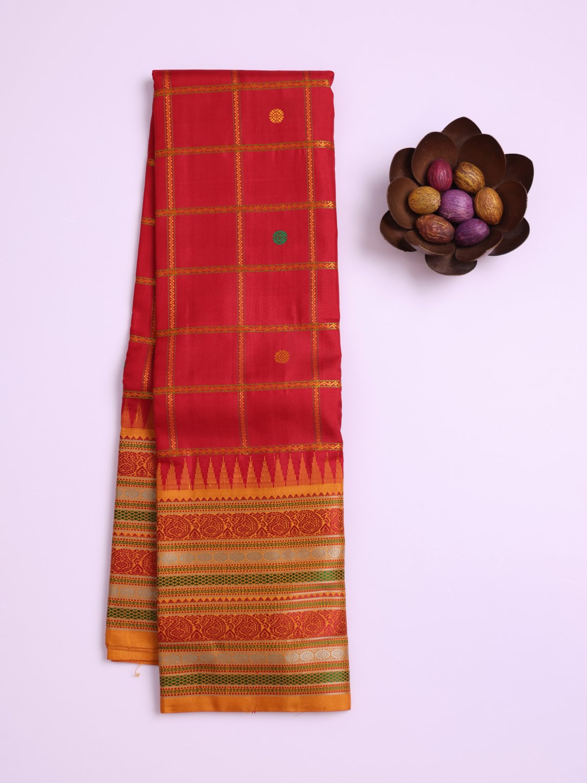 Red Checked Kanjeevaram Pattu Pettu Silk Saree With Mustard Yellow Border