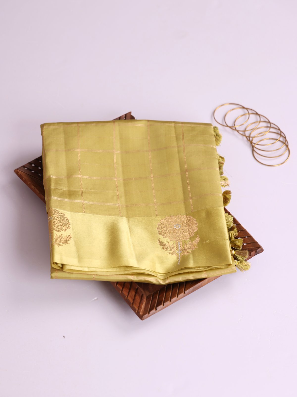 Light Greenish Yellow Zari Checked Mashru Silk Saree With Satin Border
