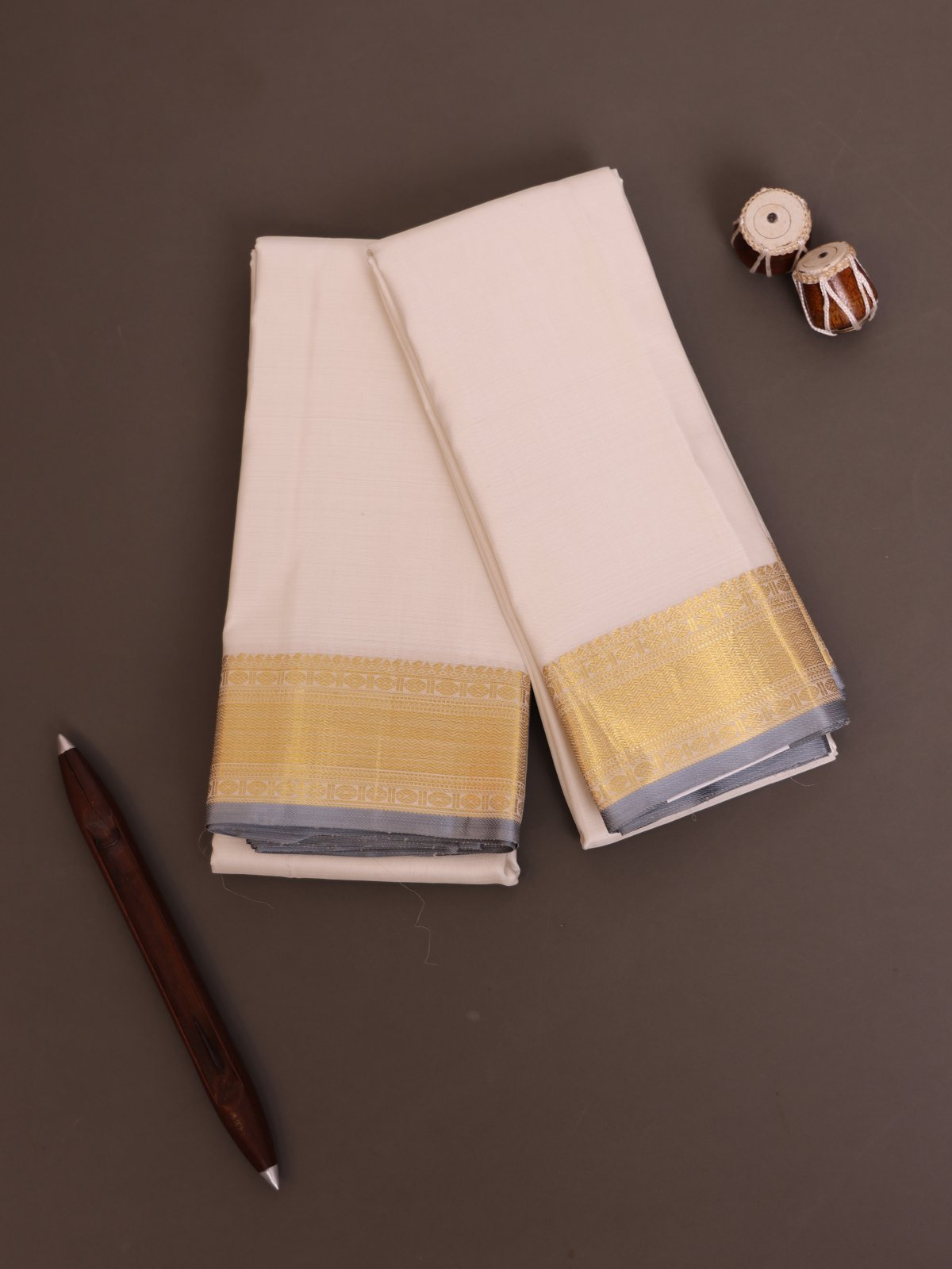 Off White Silk Dhoti And Vasthram With Grey Selvedge
