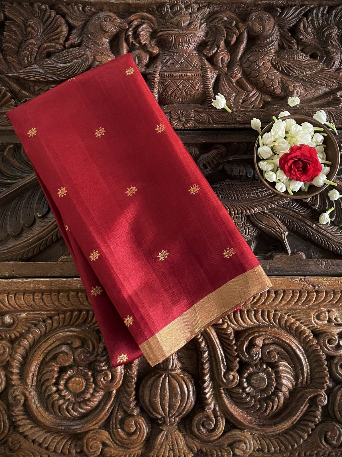 Rust Red Chanderi Silk Blouse With Gold Zari Floral Buttis