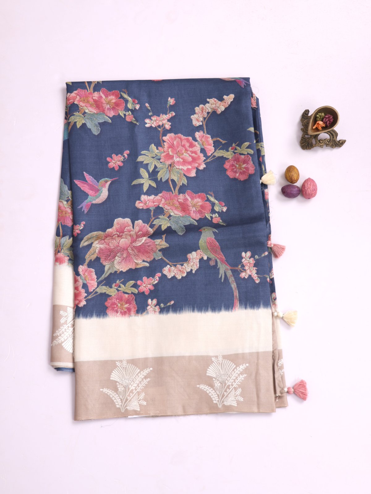 Greyish Blue Printed Tussar Silk saree With Beige Embroidered Border 