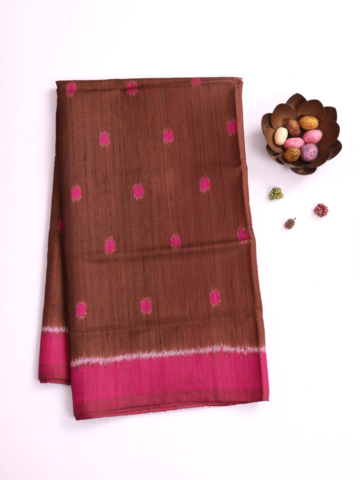 Brown Raw Silk Patola Saree With Pink Border