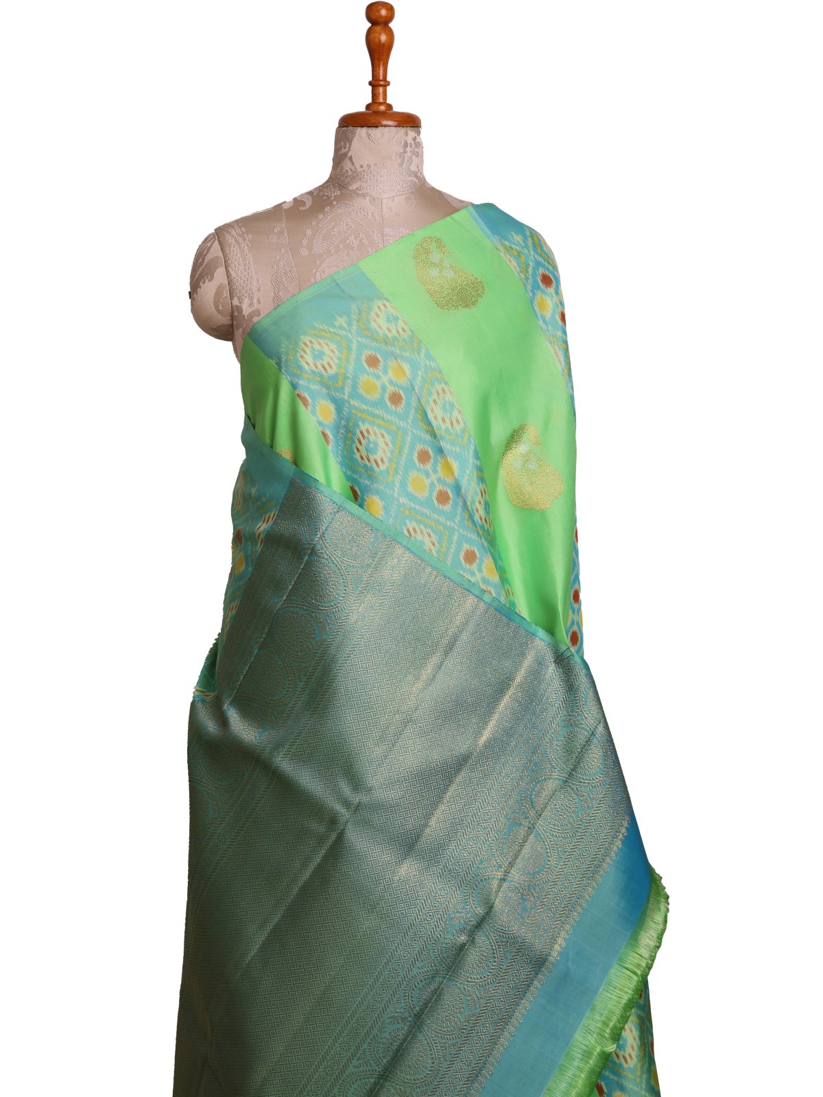 Pastel Green Kanjeevaram Ikat Silk Saree With Zari Butta