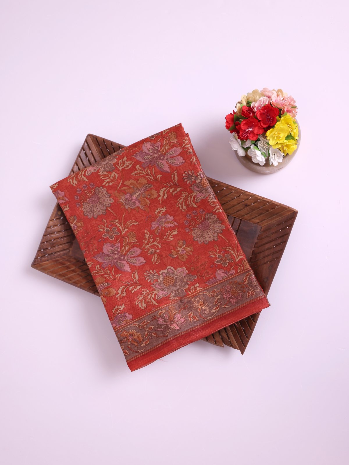 Rust Red Printed Tussar Silk Saree
