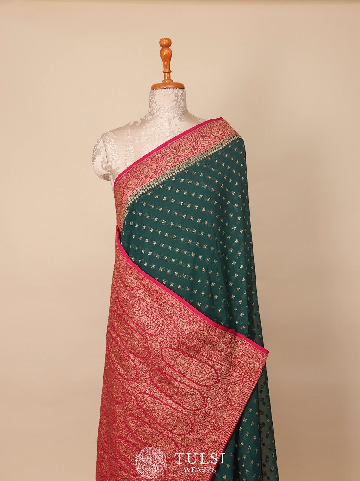 Dark Green Banaras Georgette Silk Saree