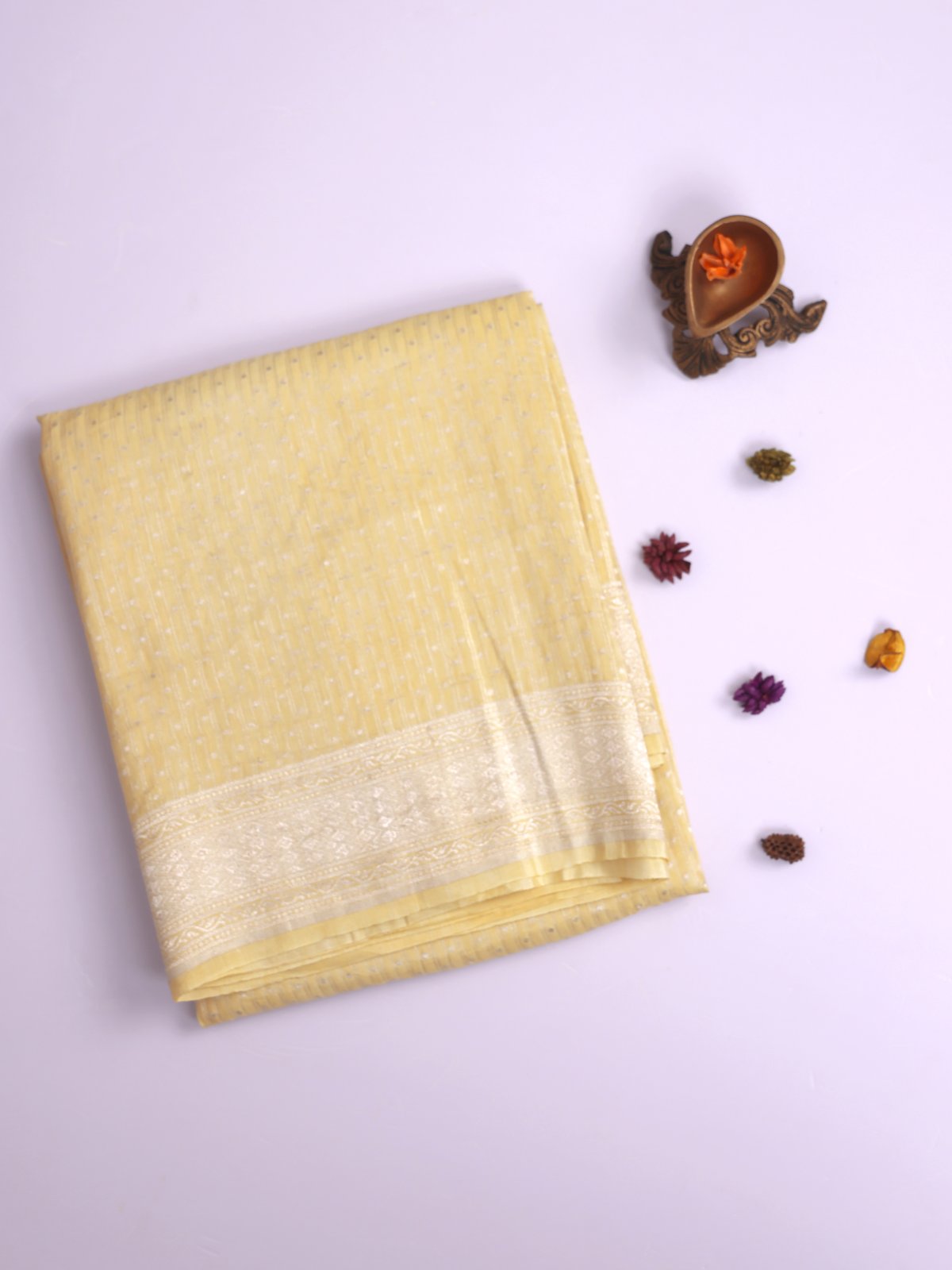 Pastel Yellow Linen Saree With Zari Border