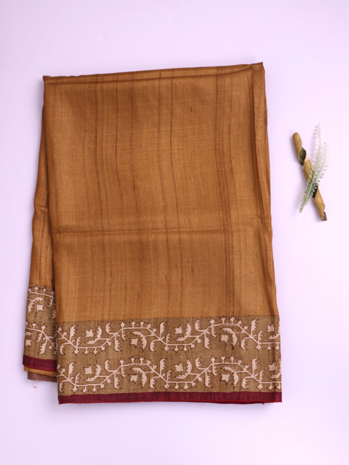 Bronze Tussar Silk Saree with Kantha Embroidery