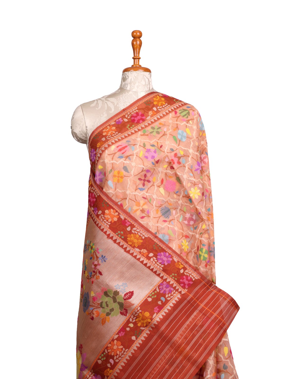 Peach Kora Jamdani Silk Saree With Rust Border