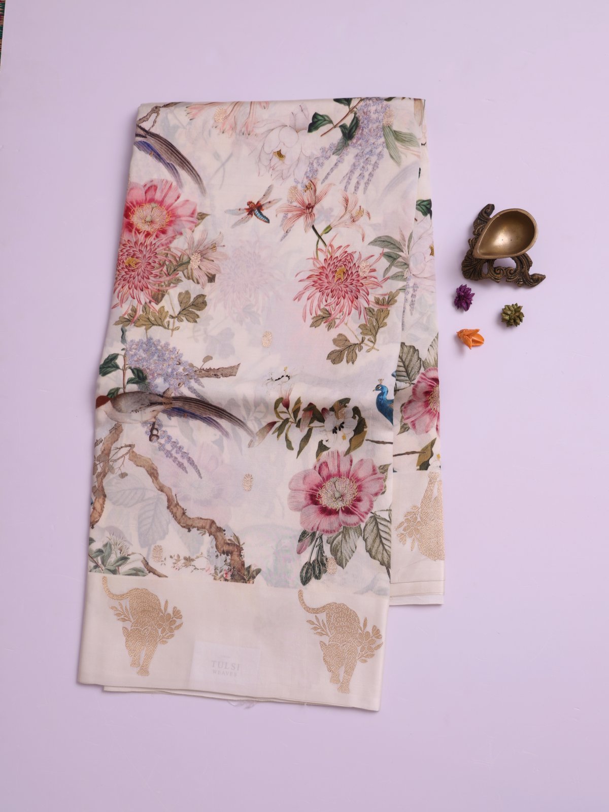 Off-White Printed Mashru Silk Saree with Self Satin Border