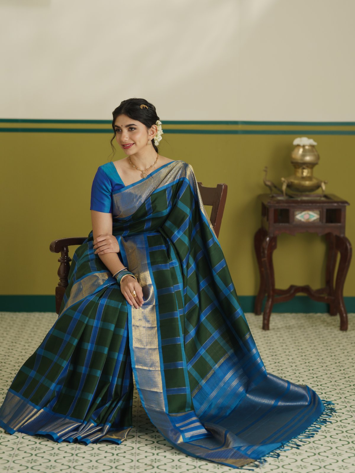 Vintage 57 - Dark Green Checked Kanjeevaram Silk Saree With Anandha Blue Border