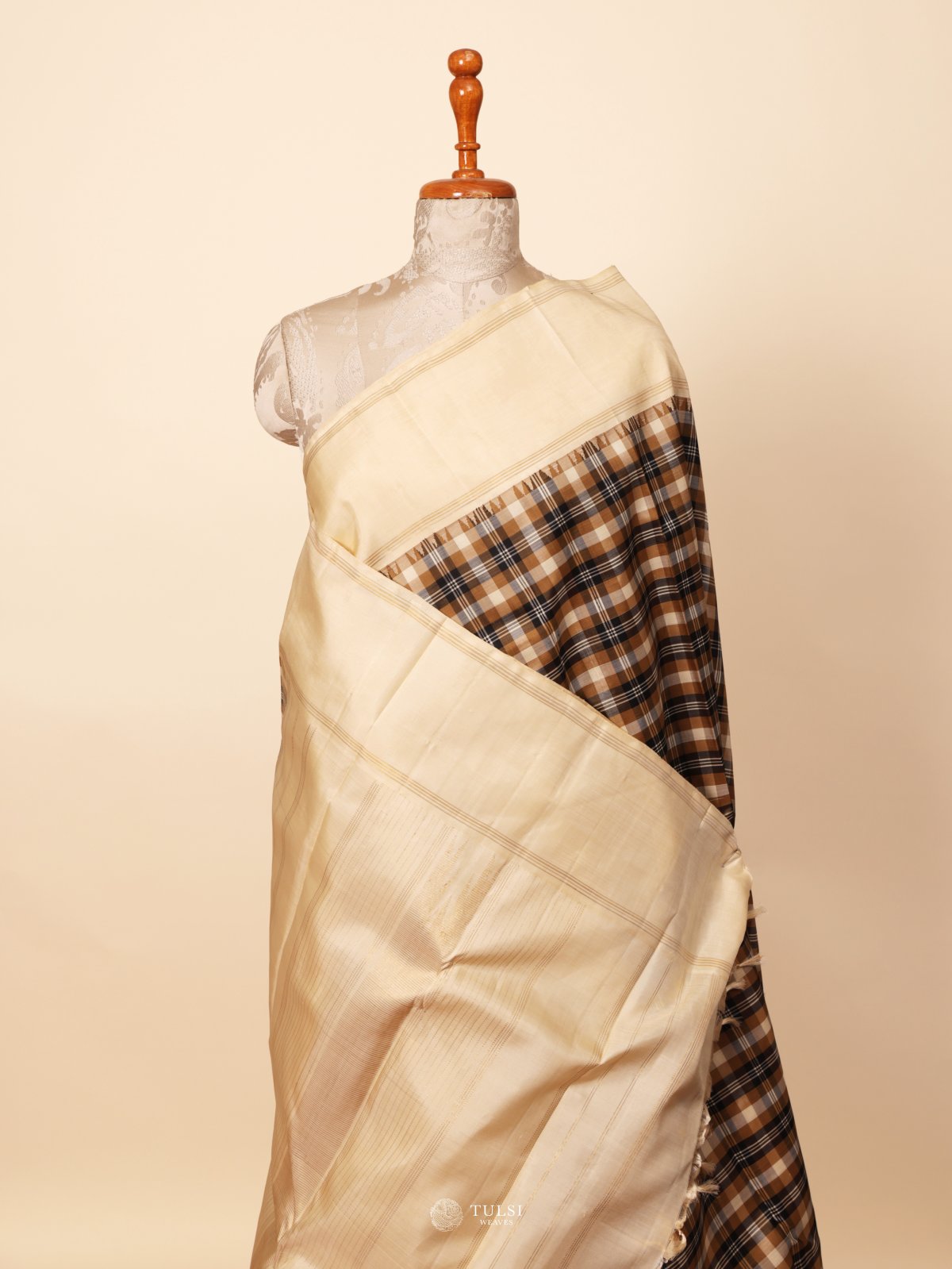 Multi Color Checked Kanjeevaram Silk Saree with White Border